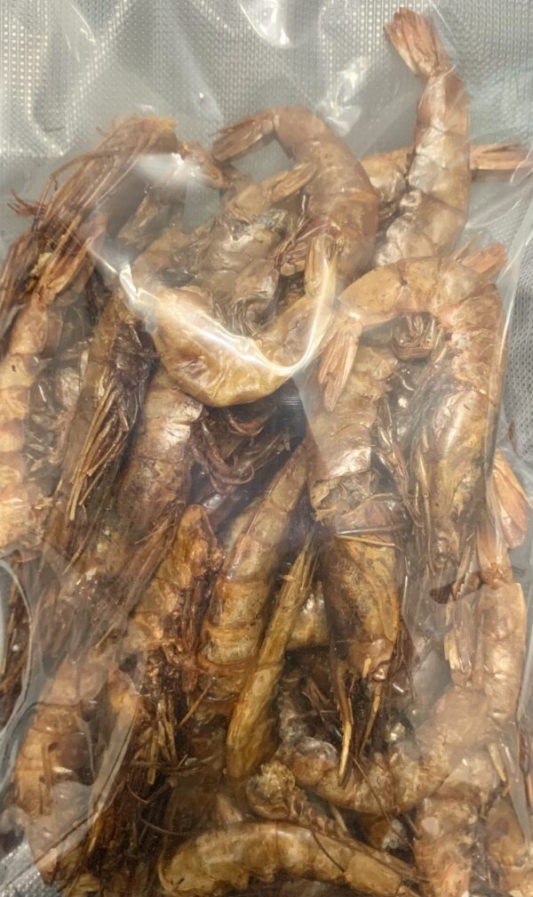 Smoked prawns in a clear food pouch