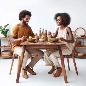 Donace foods, a man and a woman seated at the dinner table