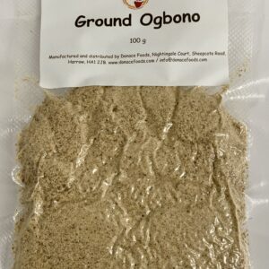 Ground ogbono in a sealed, clear bag