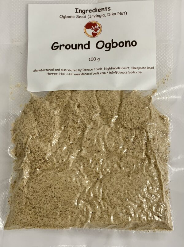 Ground ogbono in a sealed, clear bag