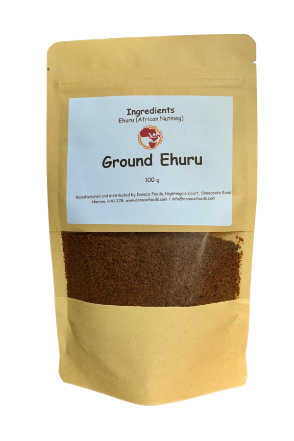 Ground ehuru seed in a food pouch by donace foods